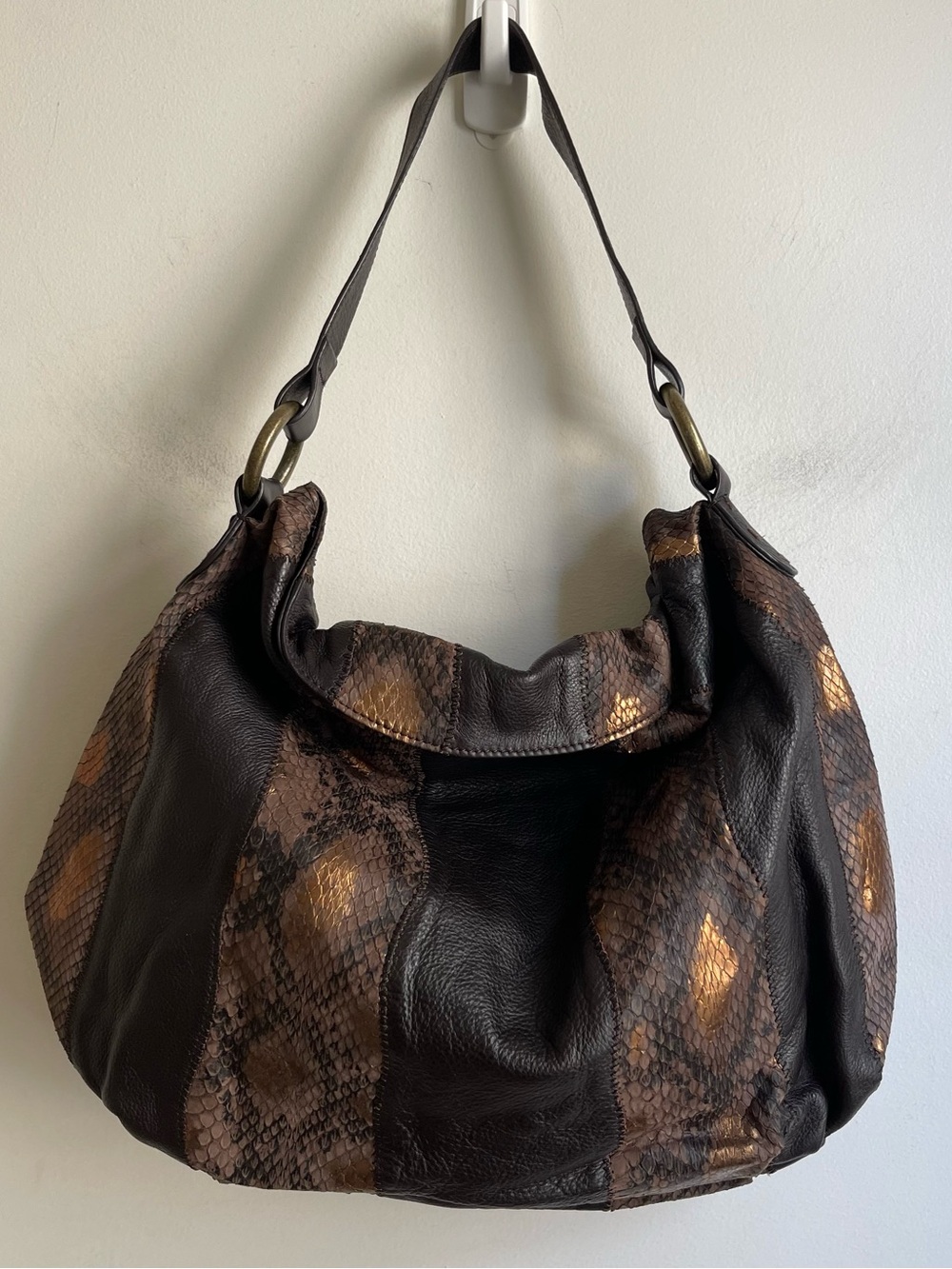 Vintage Y2K NWOT Chi by Carlos Falchi Leather Hobo Shoulder Bag Snake Brown Gold